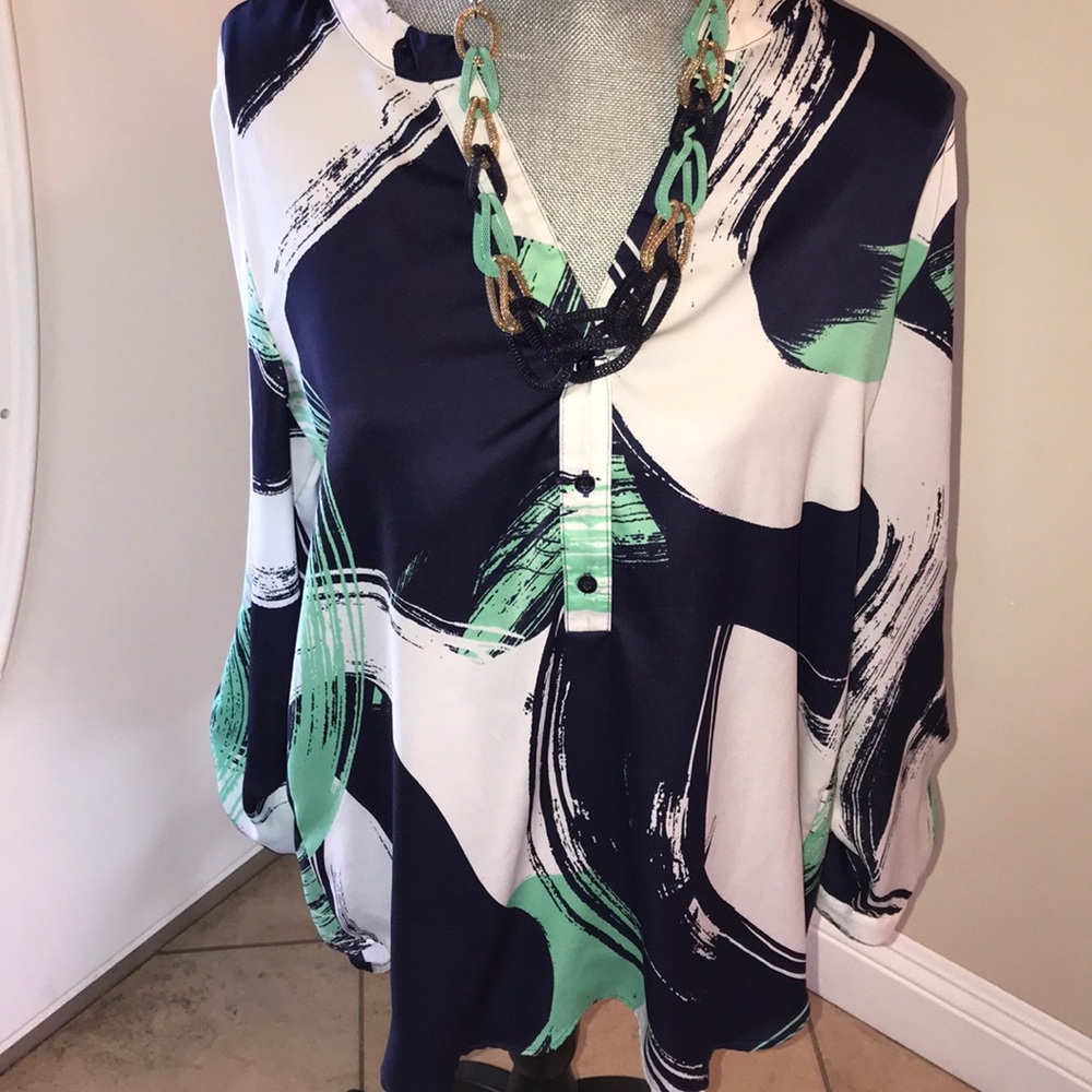 Navy, Teal and White Popover Blouse